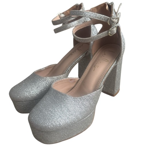 Lulus Shoes - Lulus Silver Glitter Platform Heels Ankle Strap Chunky Block Heel Shoes
